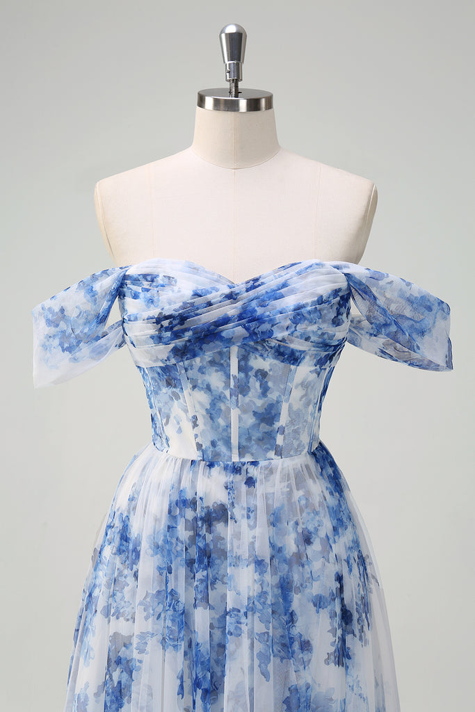 ZAPAKA Women Blue Floral Tulle Prom Dress Off-The-Shoulder Corset