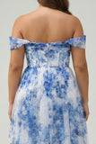 White Blue Flower Off the Shoulder Corset A-Line Plus Size Bridesmaid Dress with Slit