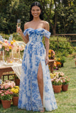 Off the Shoulder A-Line Corset Blue Floral Tulle Maxi Dress