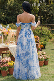 Off the Shoulder A-Line Corset Blue Floral Tulle Maxi Dress