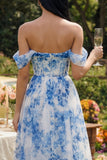 Off the Shoulder A-Line Corset Blue Floral Tulle Maxi Dress