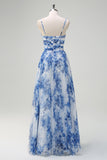 White Blue Flower A-Line Spaghetti Straps Pleated Bridesmaid Dress