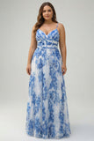 White Blue Flower Spaghetti Straps A-Line Pleated Plus Size Bridesmaid Dress