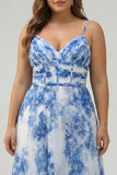 White Blue Flower Spaghetti Straps A-Line Pleated Plus Size Bridesmaid Dress