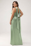 Sage Satin Ruched Sheath Ruched Streamer Long Plus Size Bridesmaid Dress with Slit