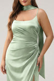 Sage Satin Ruched Sheath Ruched Streamer Long Plus Size Bridesmaid Dress with Slit