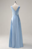 Sky Blue A Line V Neck Open Back Satin Long Bridesmaid Dress