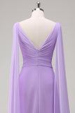 Elegant Lilac Chiffon A-Line Gown with Flowing Cape Sleeves