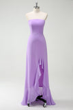 Purple A-Line Strapless Ruffled Long Bridesmaid Dress with Bow Ties