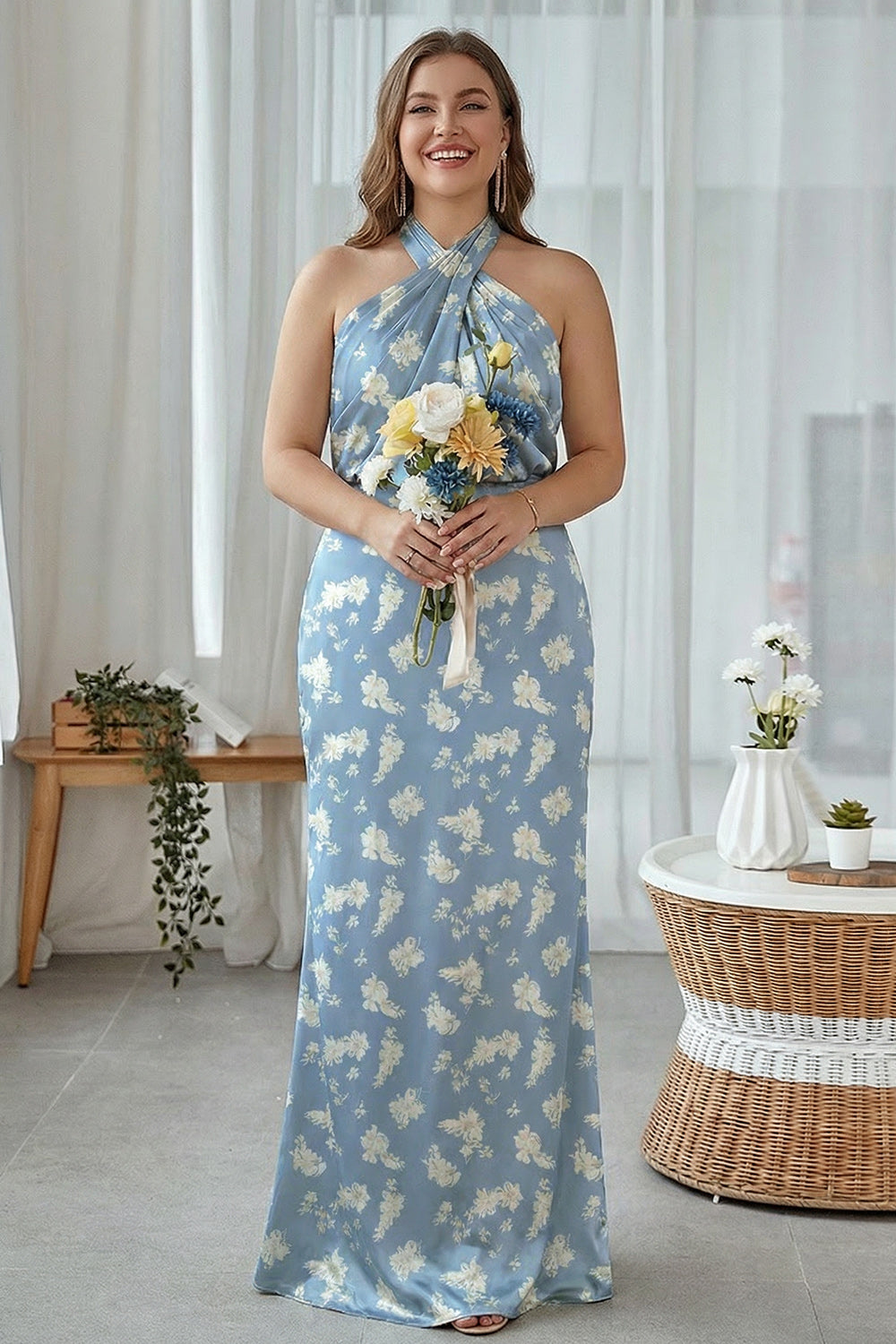 Zapaka Women Blue White Flower Plus Size Bridesmaid Dress Sheath Halter Printed Satin Long Wedding Guest Dress, Blue White Flower / US18W Zapaka Women Blue White Flower Plus Size Bridesmaid Dress Sheath Halter Printed Satin Long Wedding Guest Dress, Blue White Flower / US18W