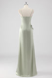 Sage Long Satin V Neck Ruffled Sheath Bridesmaid Dress