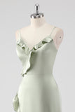 Sage Long Satin V Neck Ruffled Sheath Bridesmaid Dress