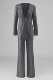 Grey Blue V-Neck Single Button Women's Suits