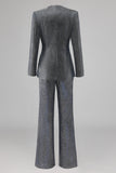 Grey Blue V-Neck Single Button Women's Suits