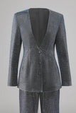 Grey Blue V-Neck Single Button Women's Suits