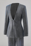 Grey Blue V-Neck Single Button Women's Suits