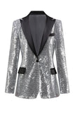 Sparkly Silver Black Peak Lapel Women's Prom Blazer