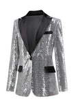 Sparkly Silver Black Peak Lapel Women's Prom Blazer