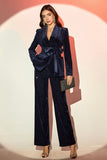 Navy Shawl Lapel 2 Pieces Women's Suits with Belt