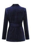 2 Pieces Shawl Lapel Navy Women's Suits with Belt