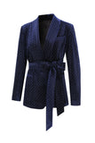 2 Pieces Shawl Lapel Navy Women's Suits with Belt