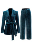 2 Pieces Shawl Lapel Navy Women's Suits with Belt