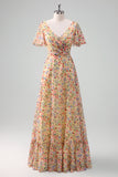 Yellow Flower Printed A-Line V-neck Short Sleeves Maxi Dress