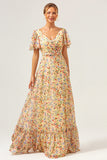 Yellow Flower Printed A-Line V-neck Short Sleeves Long Wedding Guest Dress