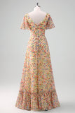 Yellow Flower Printed Chiffon A-Line V-neck Short Sleeves Long Wedding Guest Dress