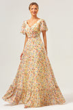 Yellow Flower Printed A-Line V-neck Short Sleeves Long Wedding Guest Dress