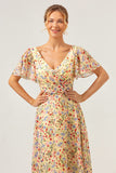 Yellow Flower Printed A-Line V-neck Short Sleeves Long Wedding Guest Dress