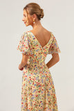 Yellow Flower Printed A-Line V-neck Short Sleeves Long Prom Dress