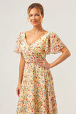 Yellow Flower Printed A-Line V-neck Short Sleeves Long Wedding Guest Dress