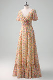 Yellow Flower Printed A-Line V-neck Short Sleeves Maxi Dress