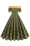 Off The Shoulder Green Grid Vintage 1950s Dress