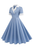 Blue A Line V-Neck 1950s Dress With Short Sleeves