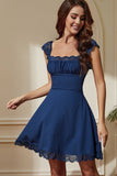 Navy Laced Square Neck A-Line Short Party Dress