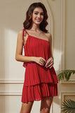 Red One Shoulder Pleated Tiered Sheath Short Party Dress