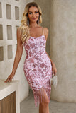 Sparkly Pink Tight Sequin Spaghetti Straps Short Party Dress with Tassels