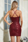 Sparkly Burgundy Spaghetti Straps Tight Short Party Dress with Tassels