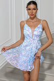 Sparkly Blue A-Line Sequined Embroidery Spaghetti Straps Short Party Dress