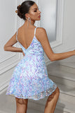 Sparkly Blue A-Line Sequined Embroidery Spaghetti Straps Short Party Dress