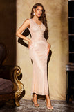 Sparkly Champagne Mermaid Sequins V Neck Long Party Dress