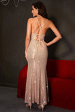 Sparkly Champagne Mermaid Spaghetti Straps Lace-Up Back Sequins Long Party Dress