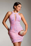 Sparkly Pink Sequins Tight Hollow Out Short Party Dress