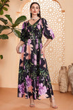 Black Floral A-Line V Neck Long Prom Dress with Belt