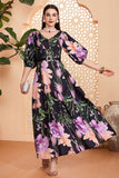 Black Floral A-Line V Neck Long Prom Dress with Belt