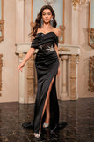 Sparkly Black Off the Shoulder Mermaid Corset Long Prom Dress with Slit