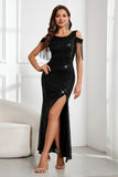 Sparkly Black Mermaid Fringed Cold Shoulder Long Prom Dress with Slit