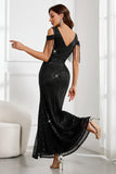 Sparkly Black Mermaid Fringed Cold Shoulder Long Prom Dress with Slit